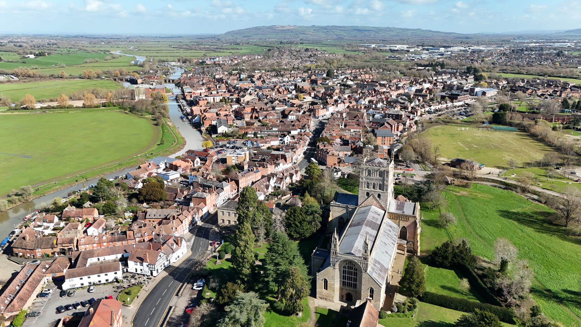 Aerial view of Tewkesbury and the surrounding area